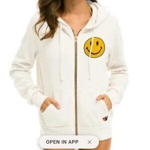 Aviator Nation smiley face zip up hoodie: Vintage White, Size XL